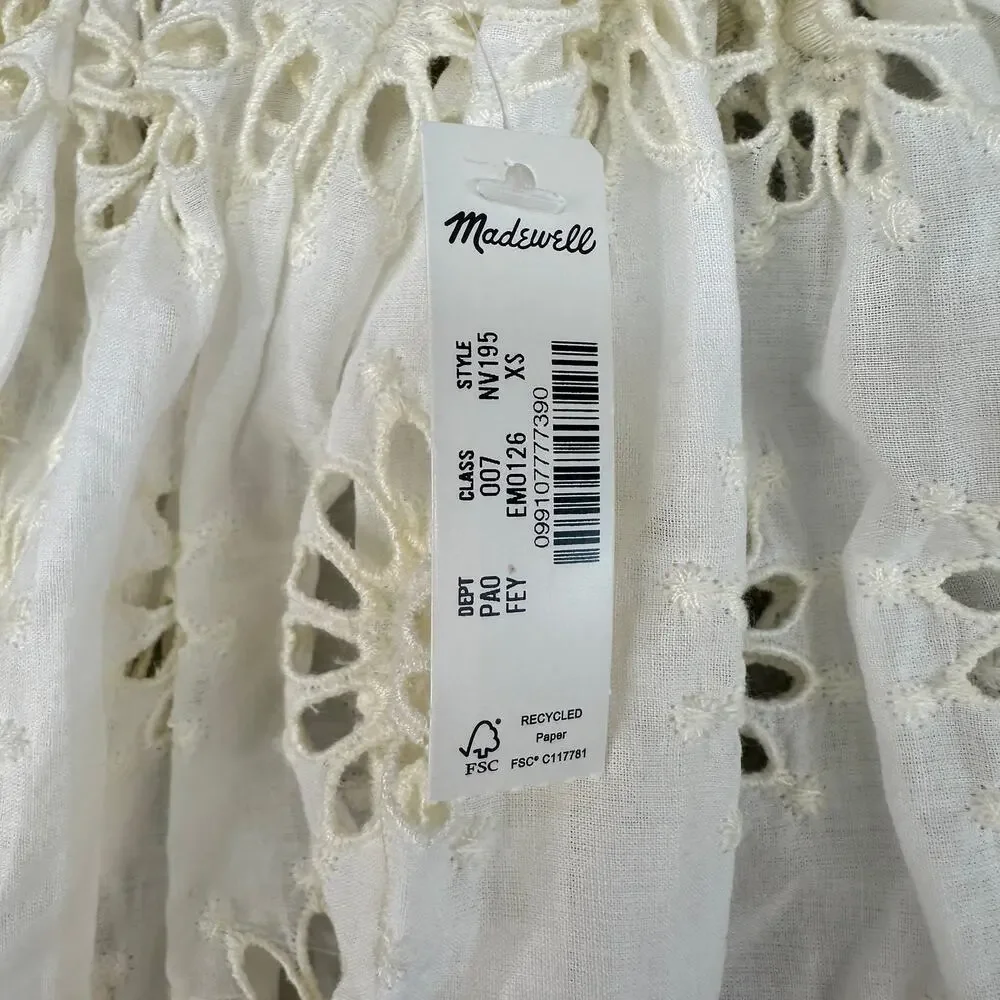 Madewell Embroidered Shirred Puff-Sleeve Top WMNS XS Cream Floral Eyelet Swingy